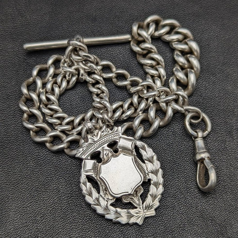1900年頃 英国アンティーク 純銀(925シルバー)アルバートチェーン 56g 純銀エンブレムフォブ